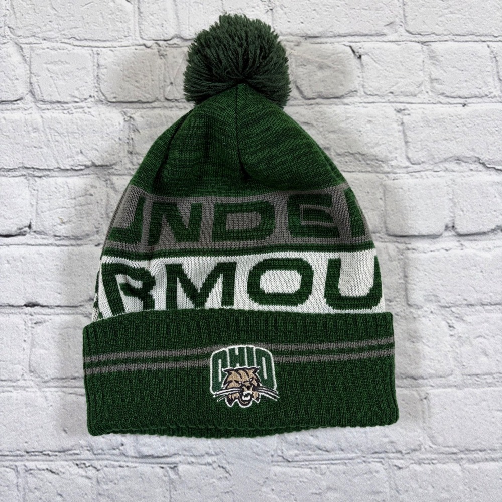 Under Armour Ohio University Bobcats Knit Beanie Pom Hat Green White Grey Mens